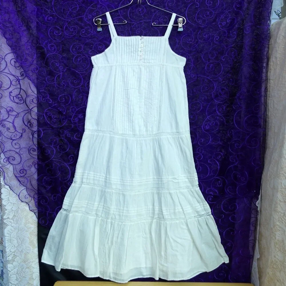 Gap Kids Girls XXL 14-16 White Cotton Cottage Babydoll Dress Maxi Tiered Pleats